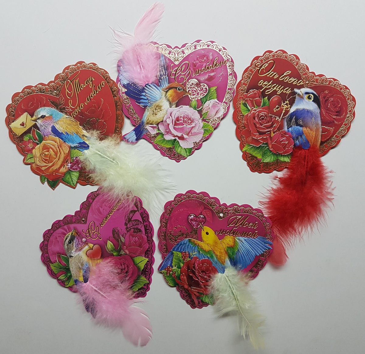 Набор открыток-малышек-сердечек с перьями