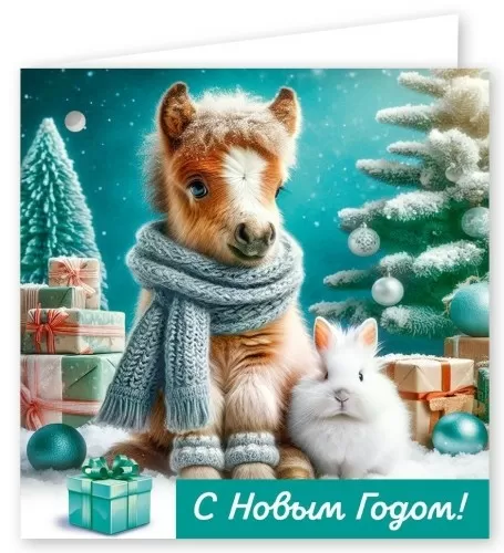 Открытка-мини "С Новым годом! Лошадка с зайкой"  Формат А8