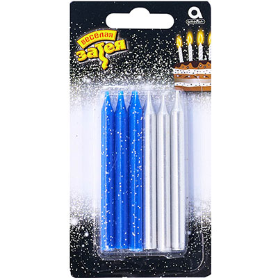 Свечи для торта серебро/синий блеск 8 см 12 шт