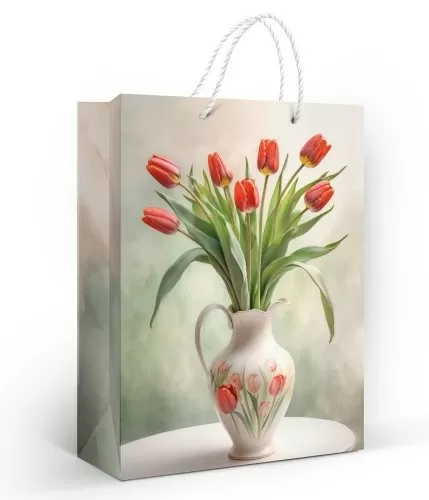 Пакет подарочный матовая ламинация "Кувшин с тюльпанами" (ML)