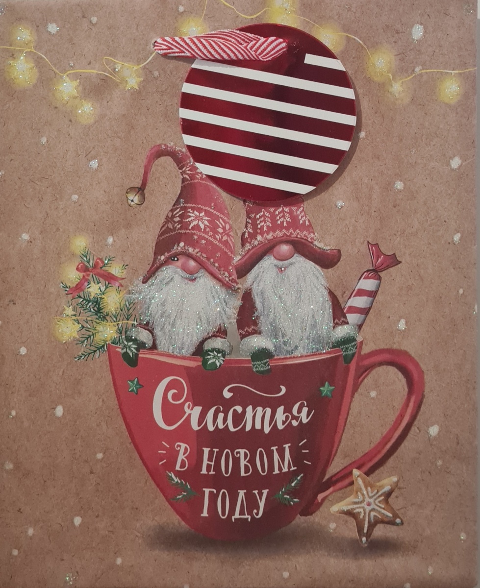 Пакет КРАФТ подарочный новогодний "Гномы в чашке" (ВС)