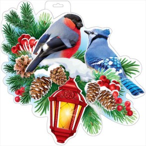 Плакат вырубной двусторонний "Зимние птицы на ветке с фонарём" Формат А3