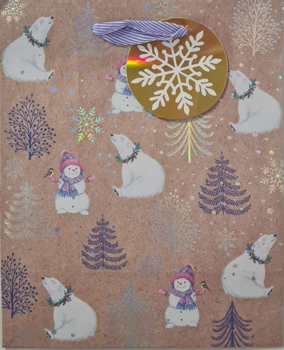 Пакет КРАФТ подарочный новогодний "Белый мишка и снеговик" (ВС)