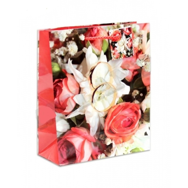 Пакет подарочный ламинированный "Свадебные кольца. Розовые розы" (М)