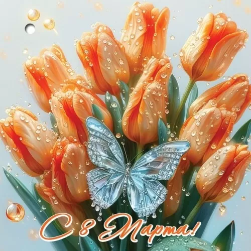 Открытка-малышка двойная "8 Марта. Тюльпаны" Без отделки. Без текста.