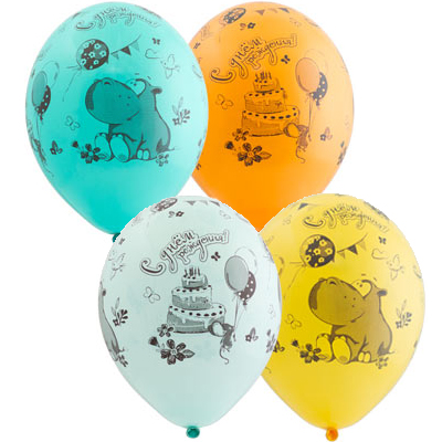 Шар латексный 14" Пастель Шелкография "ДР Бегемот с тортом"