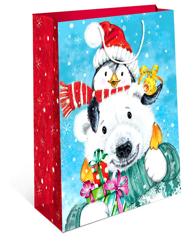 Пакет подарочный новогодний "Белый мишка с пингвином" (ВС)