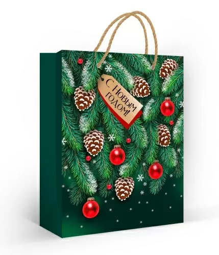 Пакет подарочный бумажный матовая ламинация "С Новым годом.Шишки" (МS)