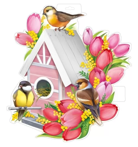 Плакат вырубной двусторонний "Скворечник с птицами" Формат А3