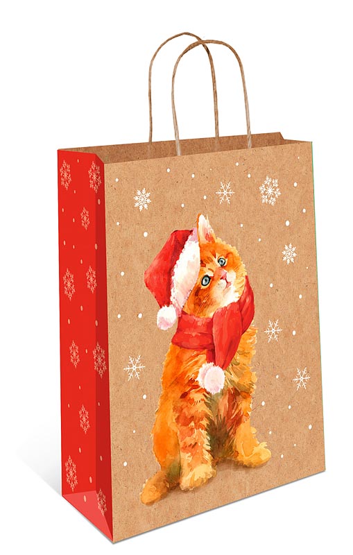 Пакет КРАФТ подарочный новогодний "Котёнок в красной шапке и шарфе" (ВС)