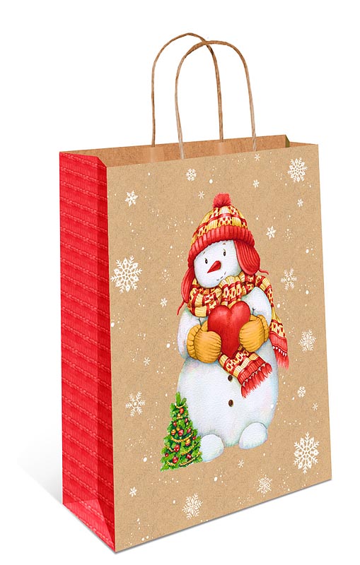 Пакет КРАФТ подарочный новогодний "Снеговик с сердцем" (ВС)