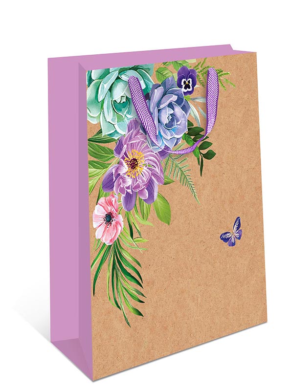 Пакет подарочный КРАФТ "Цветы и бабочка" (АВ) (Отделка)