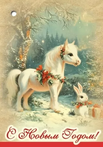 Открытка-мини "С Новым годом! Лошадка с зайкой"  Формат А8