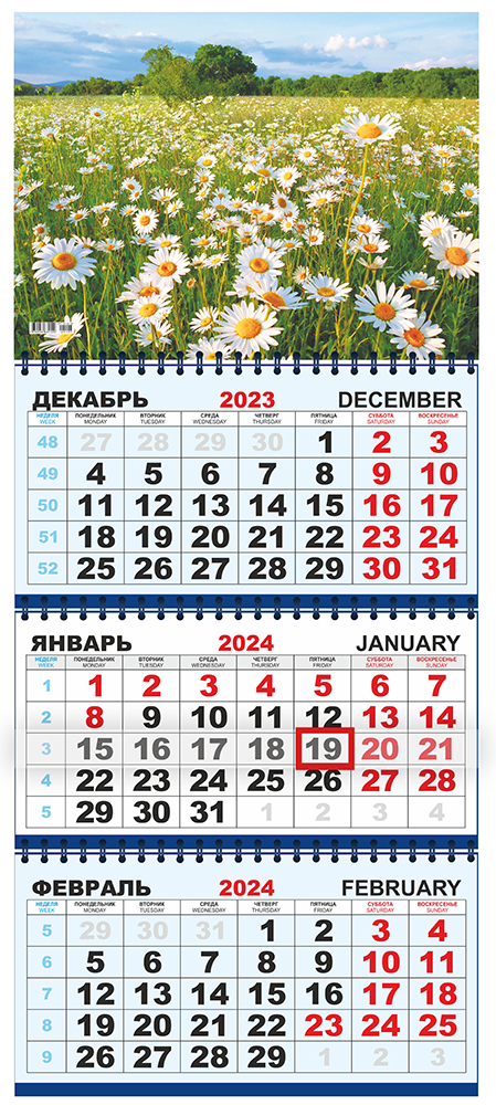 Календарь квартальный трехблочный с курсором БОЛЬШОЙ "Ромашковое поле"