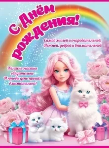 Плакат "С Днём рождения! Девочка с котятами" Формат А2