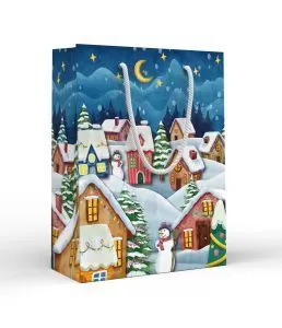 Пакет подарочный новогодний матовая ламинация "Ночной пейзаж с домиками" (МS)