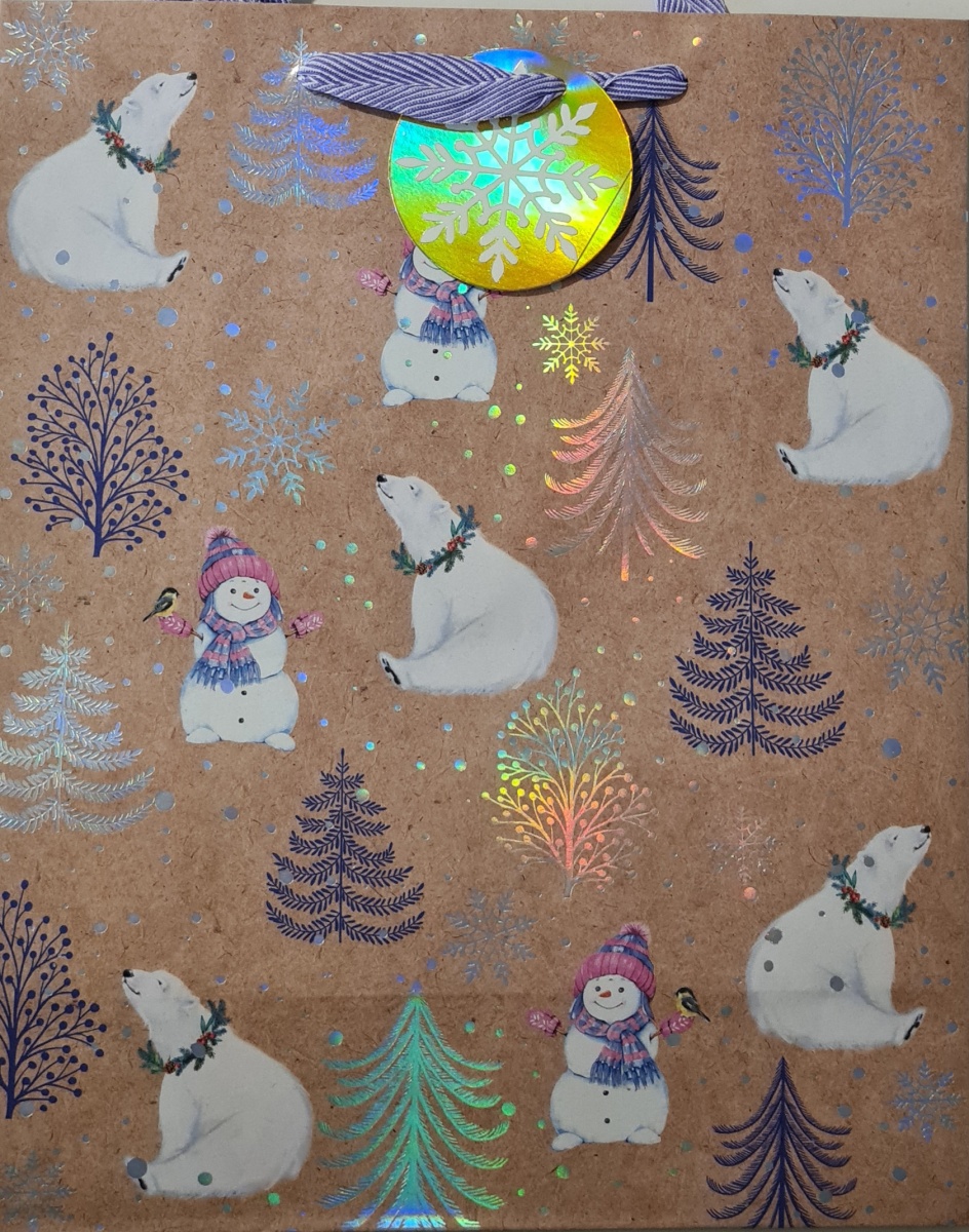 Пакет КРАФТ подарочный новогодний "Белый мишка и Снеговик" (АВ)