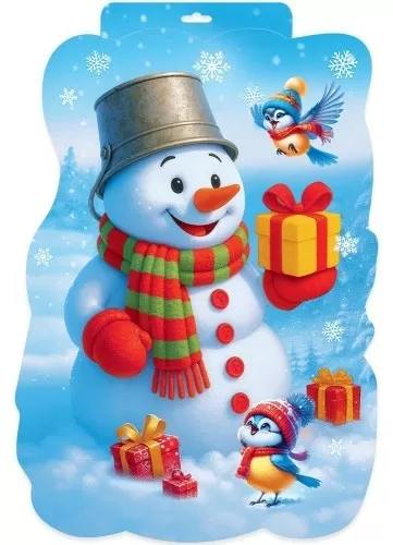 Плакат вырубной двусторонний "Снеговик с подарком" Формат А3