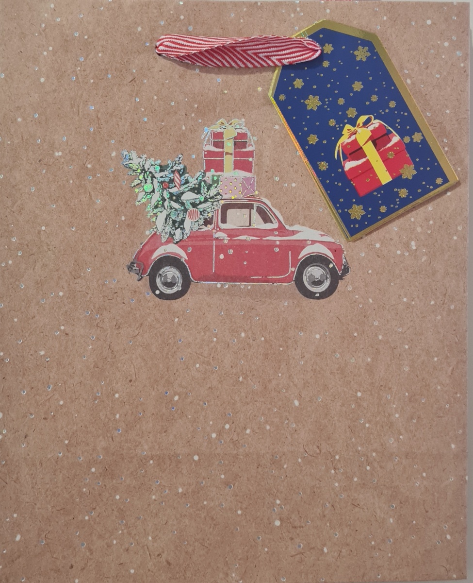 Пакет КРАФТ подарочный новогодний "Машина с подарками и ёлкой" (ВС)