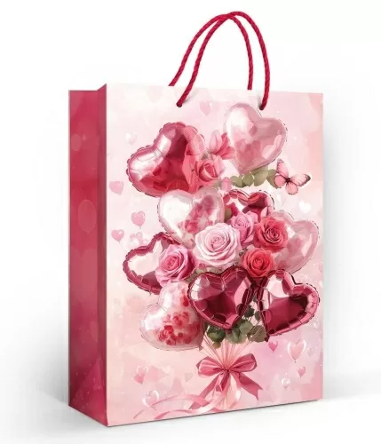 Пакет подарочный матовая ламинация "Букет из шариков-сердечек и роз" (ML)