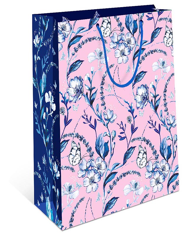Пакет подарочный "Синие цветы на розовом" (DE)