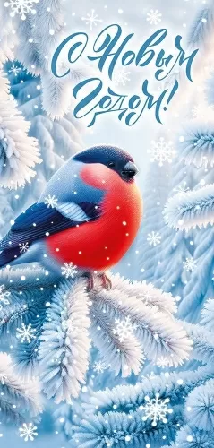 Открытка "С Новым годом! Снегирь" Формат Евро. Без отделки. Без текста.