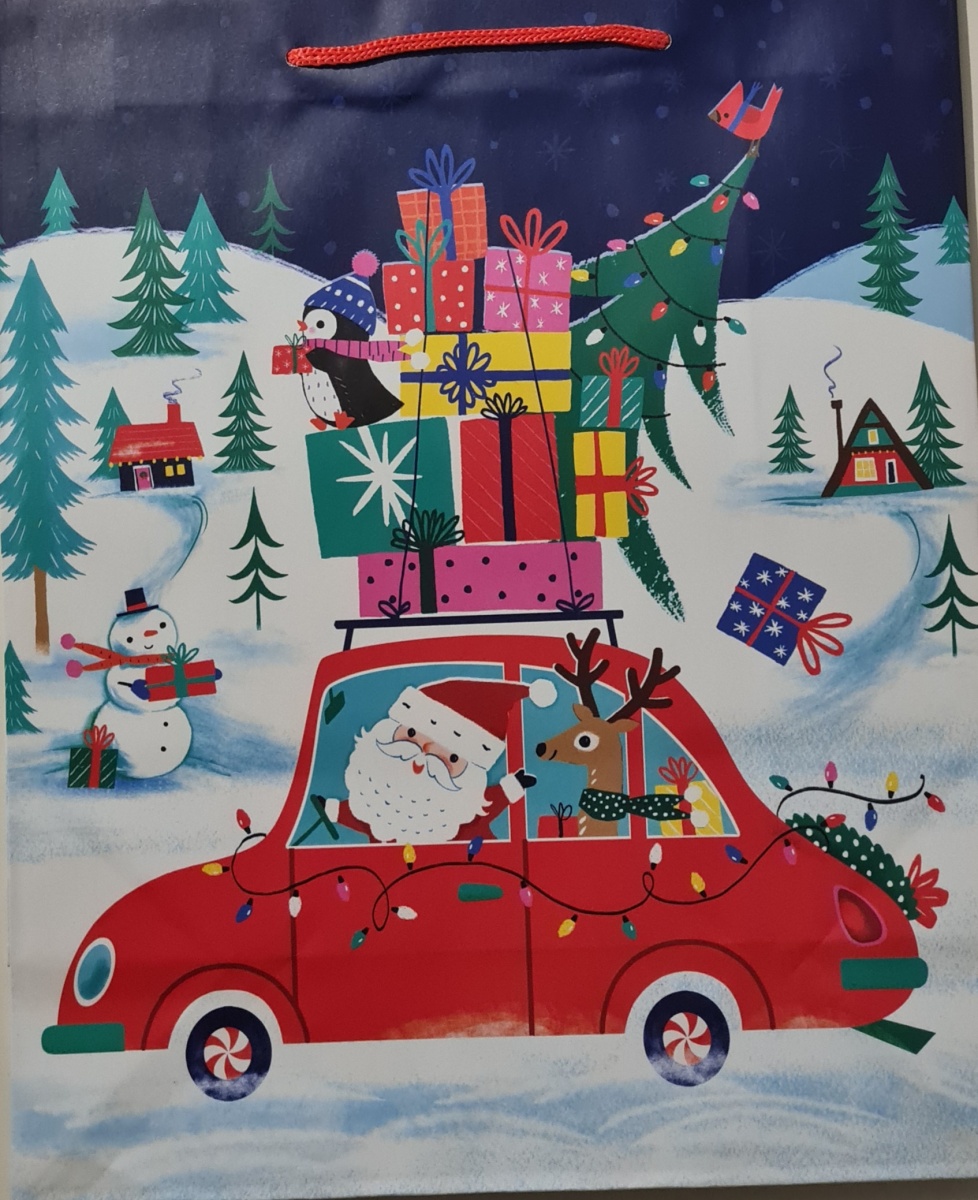 Пакет подарочный новогодний "Дед Мороз на машине с подарками" (ВС)
