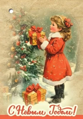 Открытка-мини "С Новым годом! Девочка у ёлки"  Формат А8