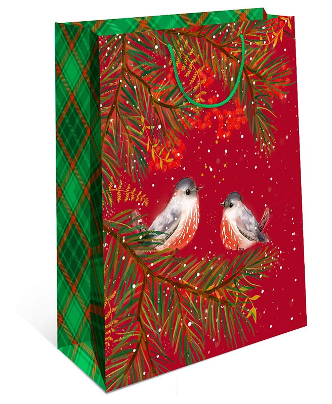 Пакет подарочный новогодний "Два снегиря на ветке" (DE)