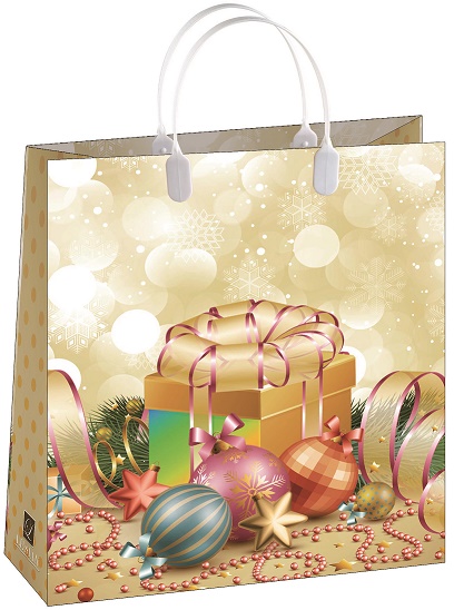 Пакет пластиковый новогодний "Подарок и ёлочные игрушки" (МАЛЫЙ)