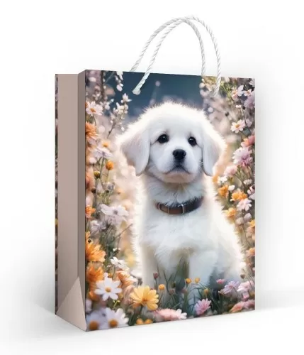 Пакет подарочный матовая ламинация "Белый щенок" (MS)