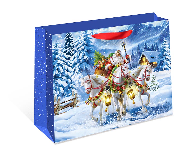 Пакет подарочный бумажный СТАНДАРТ ПЛЮС "Дед Мороз на тройке" (ААА+)