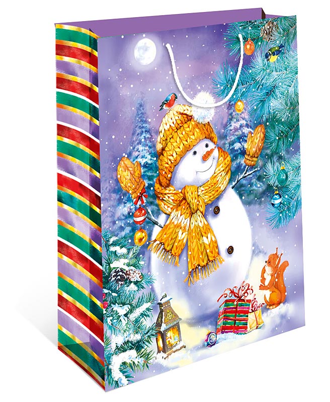 Пакет подарочный новогодний "Снеговик в жёлтой шапке и шарфе" (АА)