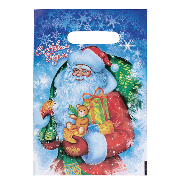 Пакет полиэтиленовый с вырубной ручкой "Дед Мороз с подарками" (20х30)