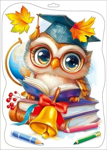 Наклейка двусторонняя "Сова с книжками" Формат А4